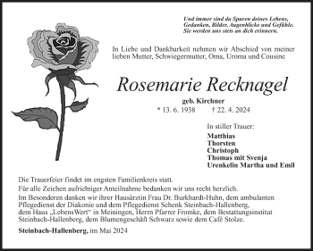 Traueranzeige von Rosemarie Recknagel von Südthüringer Presse