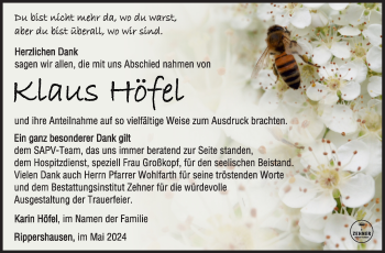 Traueranzeige von Klaus Höfel von Südthüringer Presse