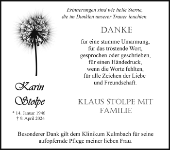 Traueranzeige von Karin Stolpe von Frankenpost
