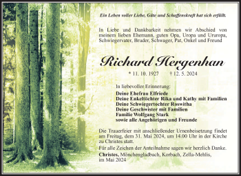 Traueranzeige von Richard Hergenhan von Südthüringer Presse