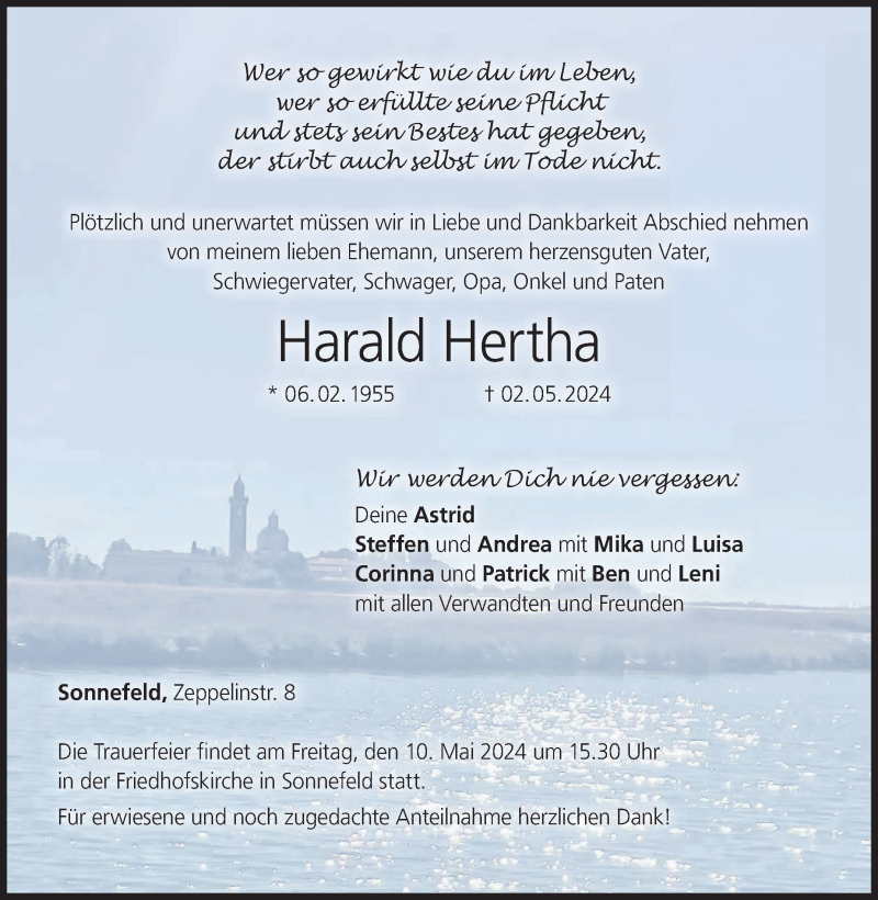  Traueranzeige für Harald Hertha vom 07.05.2024 aus Neue Presse Coburg