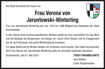 Traueranzeige von Verena von Jaruntowski-Winterling von Frankenpost