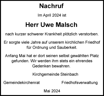 Traueranzeige von Uwe Malsch von Südthüringer Presse