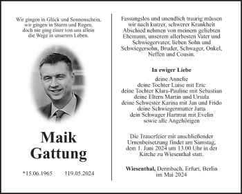 Traueranzeige von Maik Gattung von Südthüringer Presse