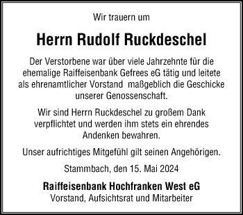 Traueranzeige von Rudolf Ruckdeschel von Frankenpost