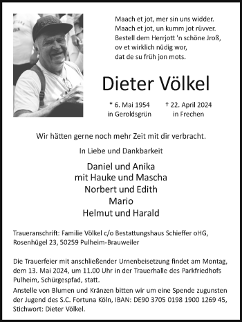 Traueranzeige von Dieter Völkel von Südthüringer Presse