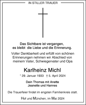 Traueranzeige von Karlheinz Michl von Frankenpost