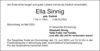 Traueranzeige von Ella Sinnig von Frankenpost