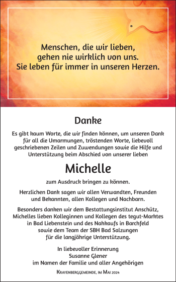 Traueranzeige von Michelle Glener von Südthüringer Presse