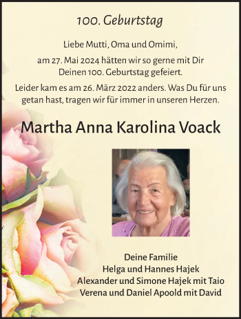 Traueranzeige von Martha Anna Karolina Voack von Frankenpost
