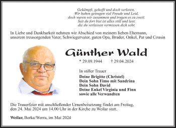 Traueranzeige von Günther Wald von Südthüringer Presse