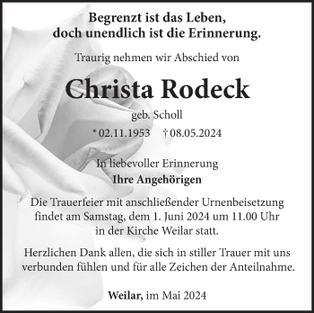 Traueranzeige von Christa Monika Rodeck von Südthüringer Presse