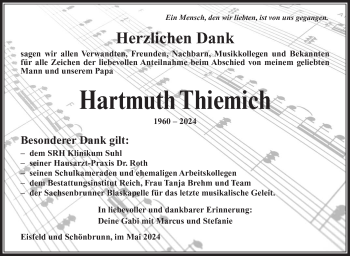 Traueranzeige von Hartmuth Thiemich von Südthüringer Presse