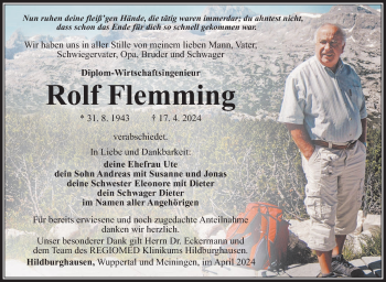 Traueranzeige von Rolf Flemming von Südthüringer Presse