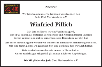 Traueranzeige von Winfried Pillich von Frankenpost