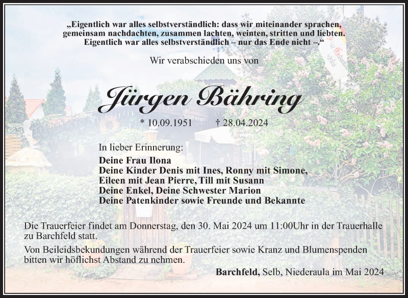  Traueranzeige für Jürgen Bähring vom 18.05.2024 aus Südthüringer Presse