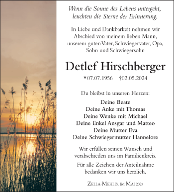 Traueranzeige von Detlef Hirschberger von Südthüringer Presse
