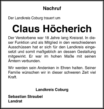 Traueranzeige von Claus Höcherich von Neue Presse Coburg