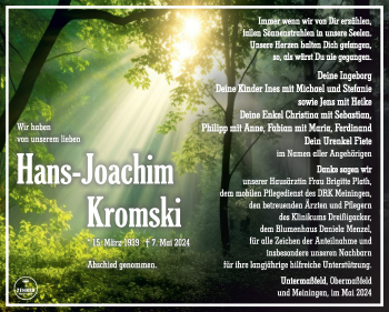 Traueranzeige von Hans-Joachim Kromski von Südthüringer Presse