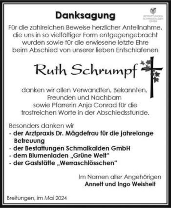 Traueranzeige von Ruth Schrumpf von Südthüringer Presse