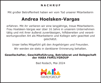 Traueranzeige von Andrea Hoelsken-Vargas von Südthüringer Presse