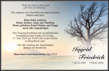 Traueranzeige von Ingrid Friedrich von Südthüringer Presse
