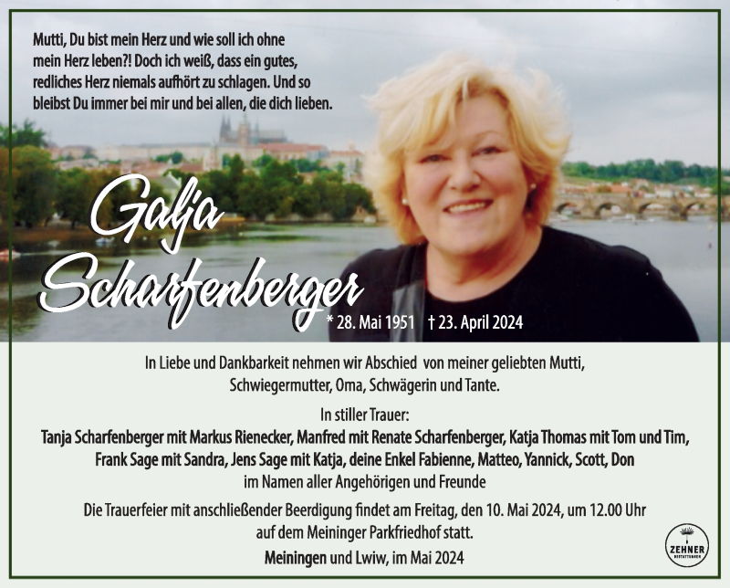  Traueranzeige für Galina Scharfenberger vom 04.05.2024 aus Südthüringer Presse