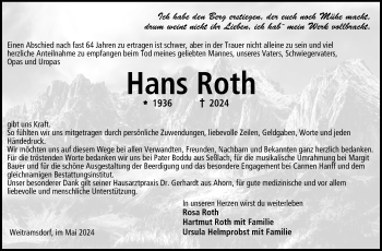 Traueranzeige von Hans Roth von Neue Presse Coburg