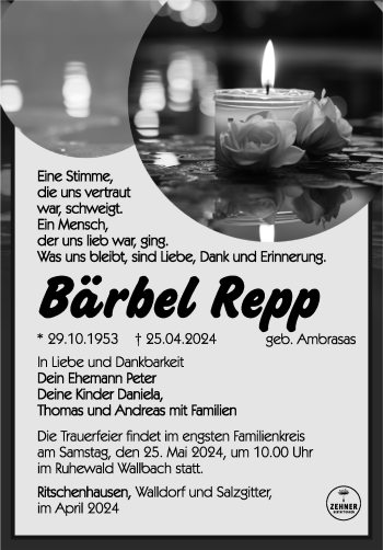 Traueranzeige von Bärbel Repp von Südthüringer Presse