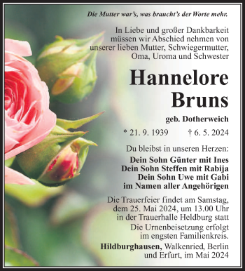 Traueranzeige von Hannelore Bruns von Südthüringer Presse