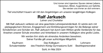 Traueranzeige von Ralf Jarkusch von Südthüringer Presse
