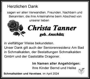 Traueranzeige von Christa Tanner von Südthüringer Presse