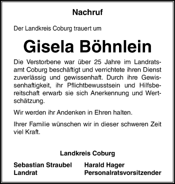 Traueranzeige von Gisela Böhnlein von Neue Presse Coburg