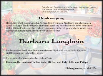 Traueranzeige von Barbara Langbein von Südthüringer Presse