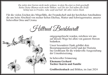 Traueranzeige von Hildtrud Burkhardt von Südthüringer Presse