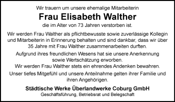 Traueranzeige von Elisabeth Walther von Neue Presse Coburg