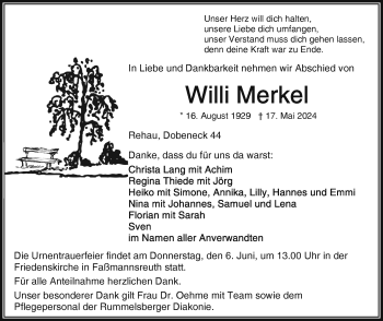 Traueranzeige von Willi Merkel von Frankenpost