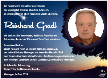 Traueranzeige von Reinhard Gradl von Südthüringer Presse