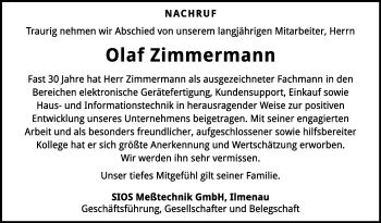 Traueranzeige von Olaf Zimmermann von Südthüringer Presse
