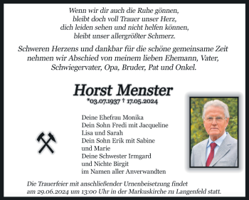 Traueranzeige von Horst Menster von Südthüringer Presse