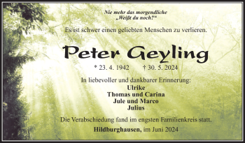 Traueranzeige von Peter Geyling von Südthüringer Presse