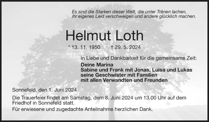  Traueranzeige für Helmut Loth vom 01.06.2024 aus Neue Presse Coburg