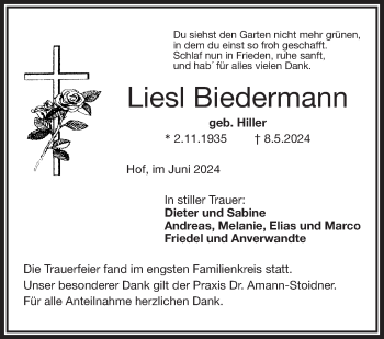 Traueranzeige von Liesl Biedermann von Frankenpost