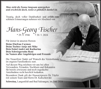Traueranzeige von Hans-Georg Fischer von Südthüringer Presse