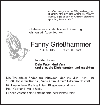 Traueranzeige von Fanny Grießhammer von Frankenpost