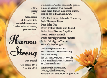 Traueranzeige von Hanna Streng von Südthüringer Presse