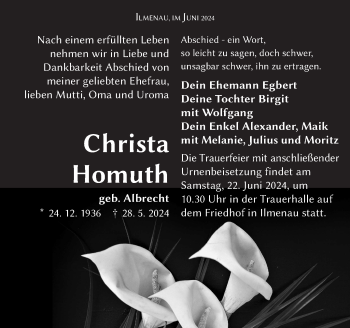 Traueranzeige von Christa Homuth von Südthüringer Presse
