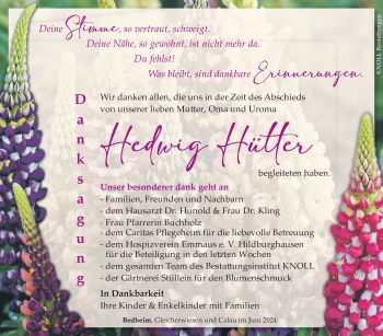 Traueranzeige von Hedwig Hütter von Südthüringer Presse