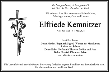 Traueranzeige von Elfriede Kemnitzer von Frankenpost