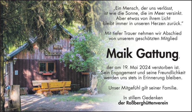 Traueranzeige für Maik Gattung vom 08.06.2024 aus Südthüringer Presse
